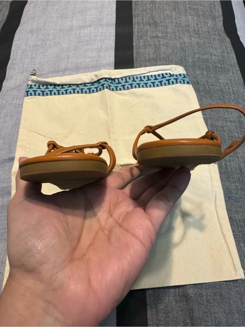 Tory Burch Tan Leather T-Strap Sandals with Gold Trim
